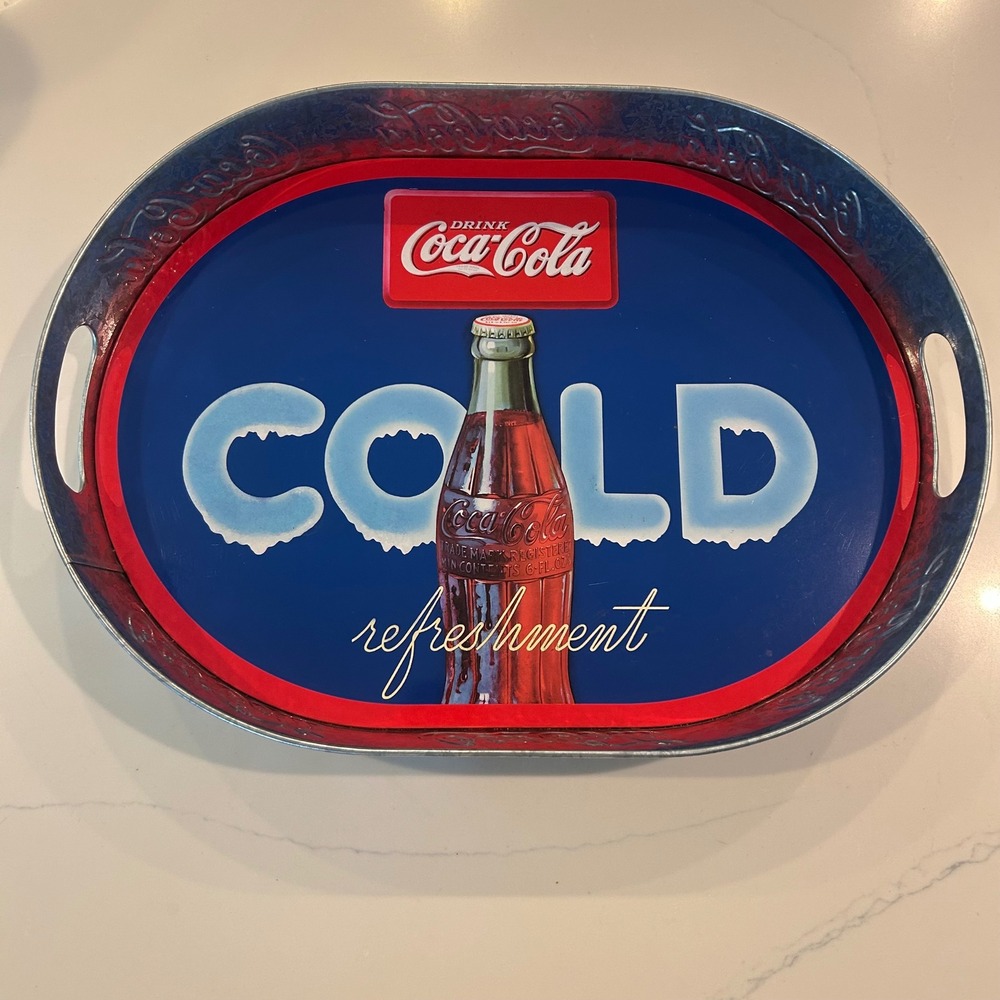 2002 Coca-Cola Serving Tray Blue Galvanized Metal Tin Cold Refreshment Vintage